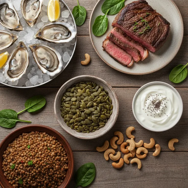 Una variedad apetitosa de alimentos ricos en zinc, incluyendo mariscos, carne roja, legumbres, frutos secos y lácteos, presentados sobre una tabla de madera para una dieta equilibrada.